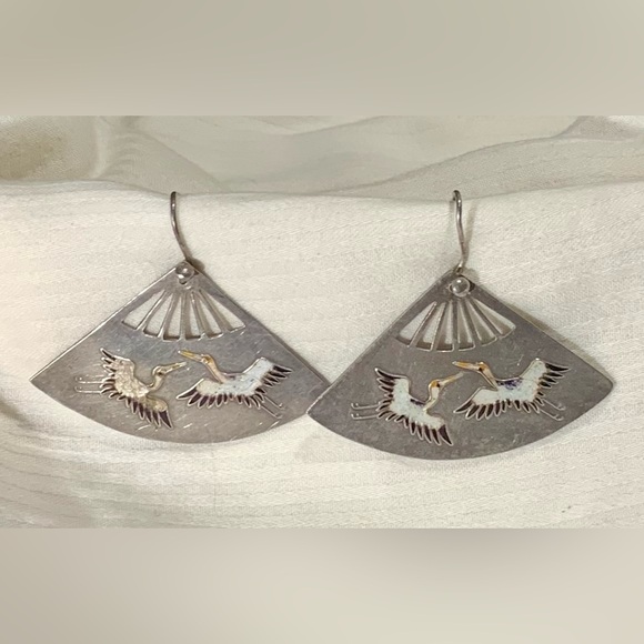 Silver Fan Crane Earrings. Hand Crafted in New Mexico. Artisan Fair - Picture 3 of 3